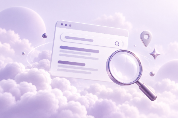 referencement-wordpress-seo-local-geo Illustration mauve d’une fenêtre de recherche avec une loupe et un repère de localisation